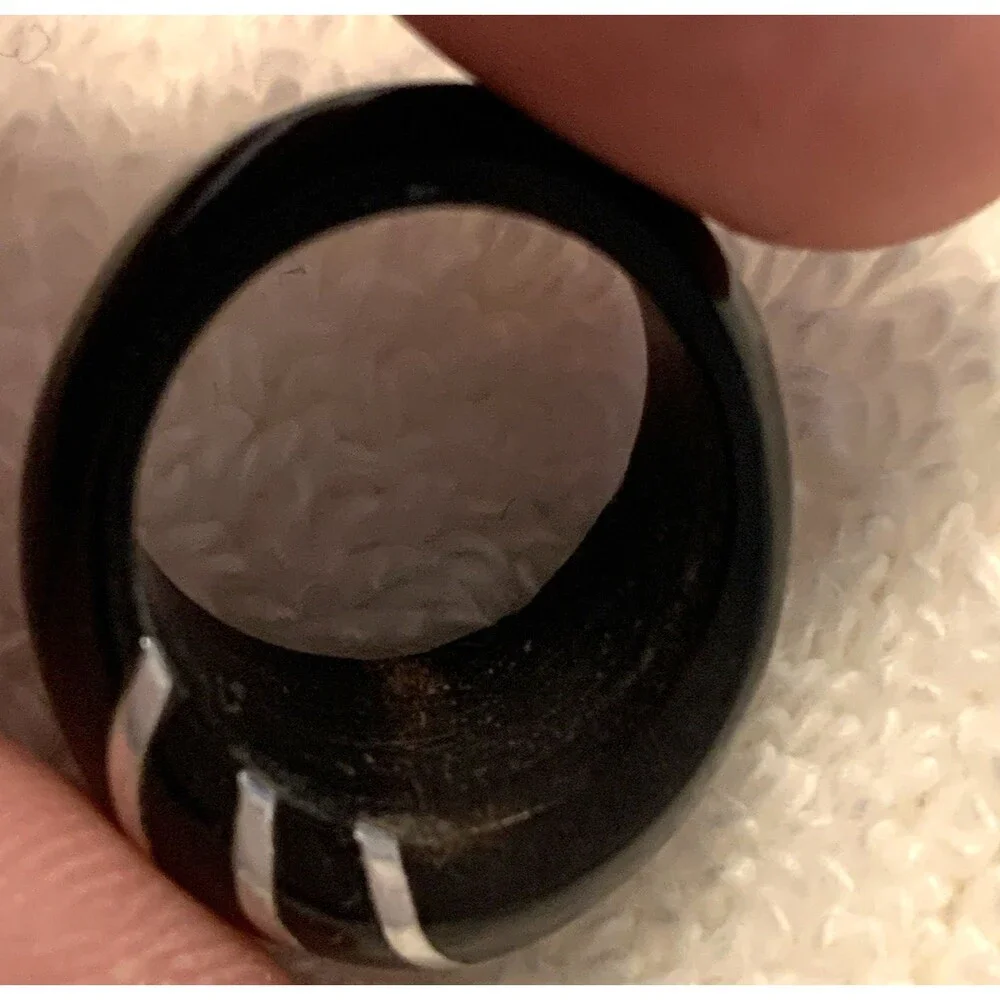 Vintage Bakelite Ring Black Dome w/ Silver Inlay Stripes Chunky Band Size 5